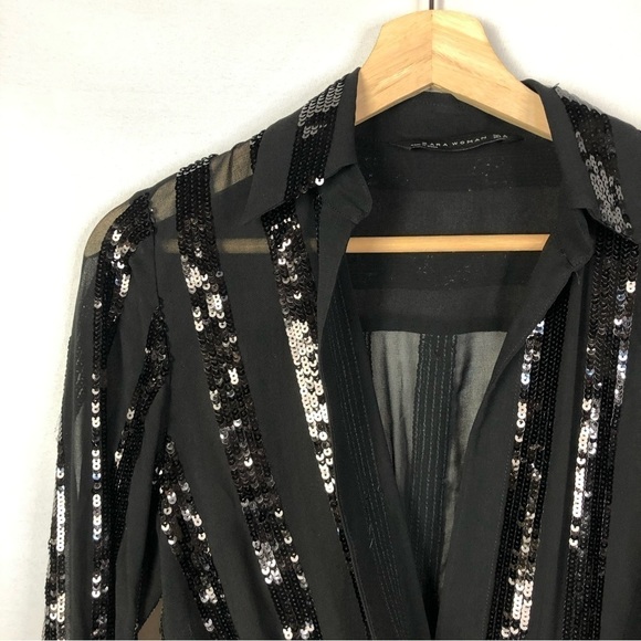 Zara Black Draped Sequin Wrap Long Sleeve Blouse S - Picture 4 of 5